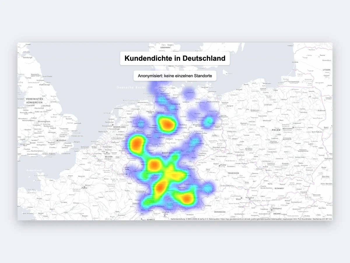 Heatmap der Kundendichte in Deutschland: farbige Flächen statt einzelner Punkte zeigen, wo sich Kunden häufen.
