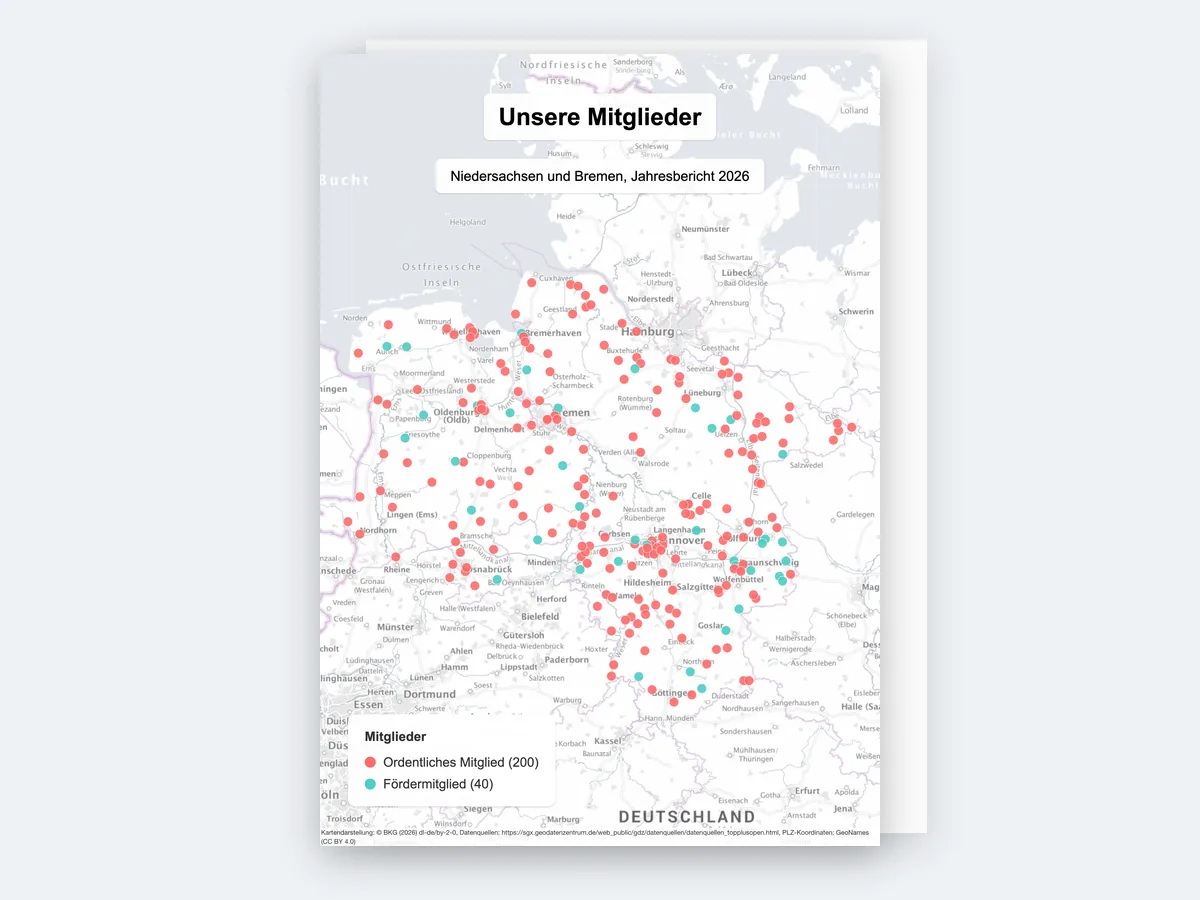 Seite eines Jahresberichts 2026: ordentliche Mitglieder und Fördermitglieder eines Verbands als zweifarbige Punkte auf einer Karte von Niedersachsen und Bremen.