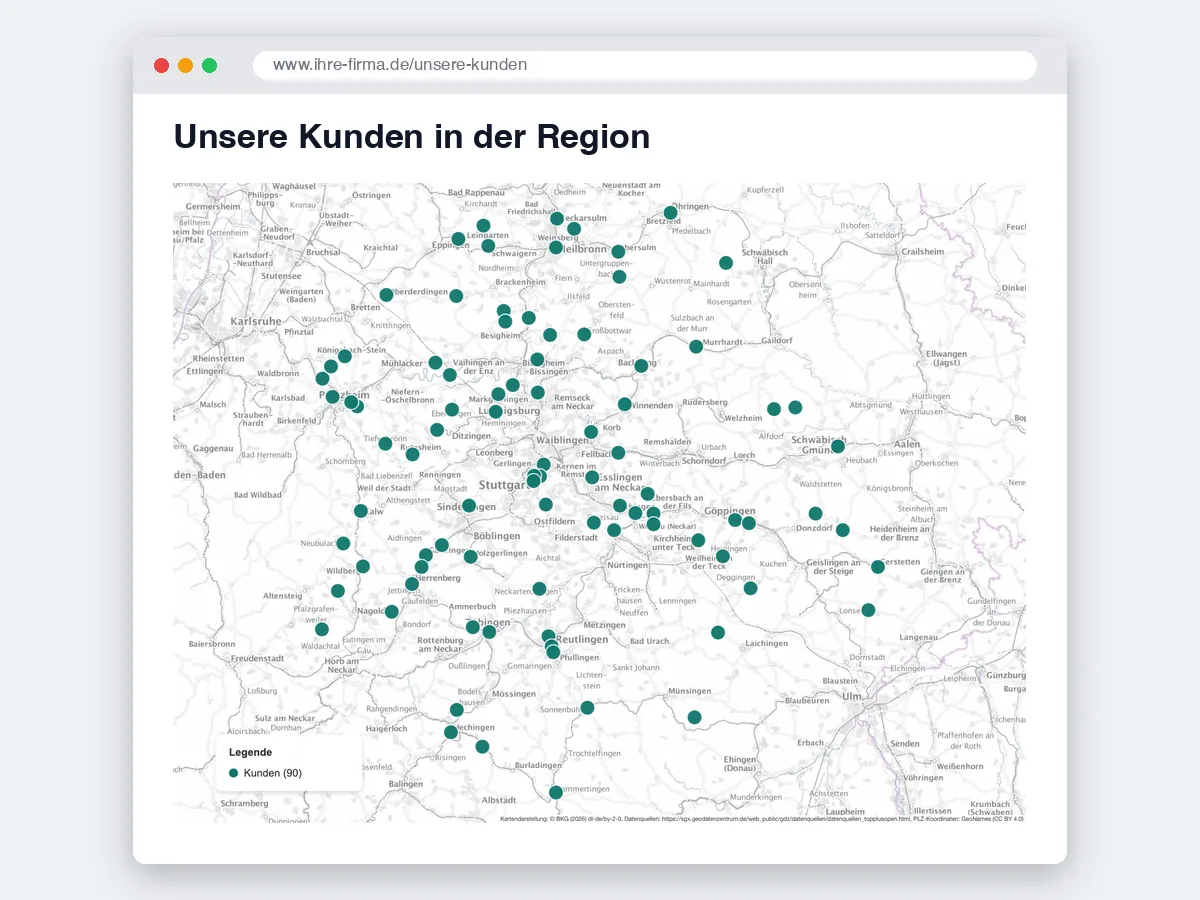 Website-Seite „Unsere Kunden in der Region“ im Browserfenster: 90 Kunden als Punkte auf einer Karte rund um Stuttgart.