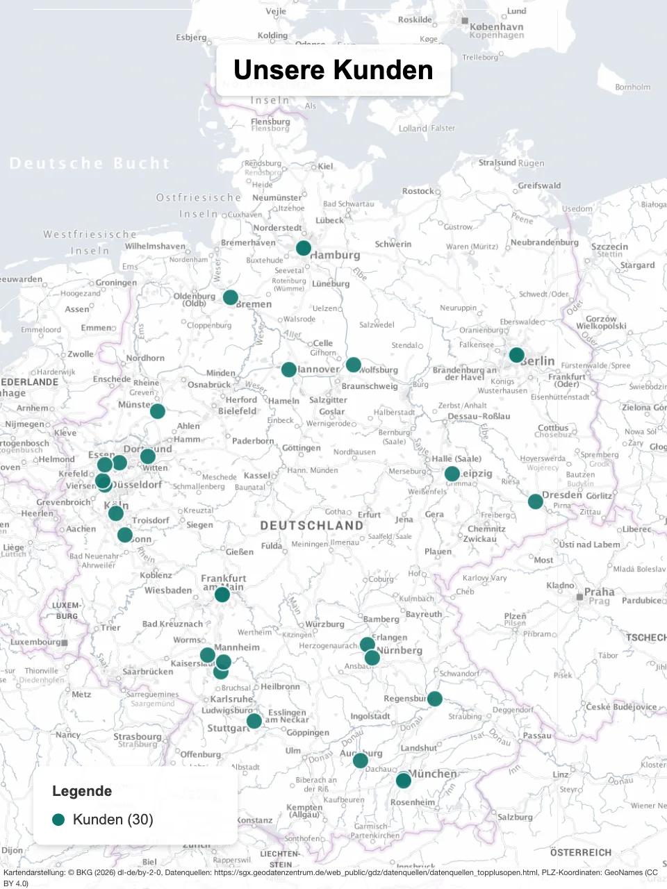 Dieselben 30 Kunden als Punkte auf einer Deutschlandkarte